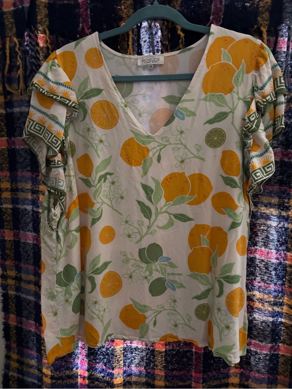 Rachel Zoe Cream & Orange Citrus V-Neck Ruffle Sleeve Top